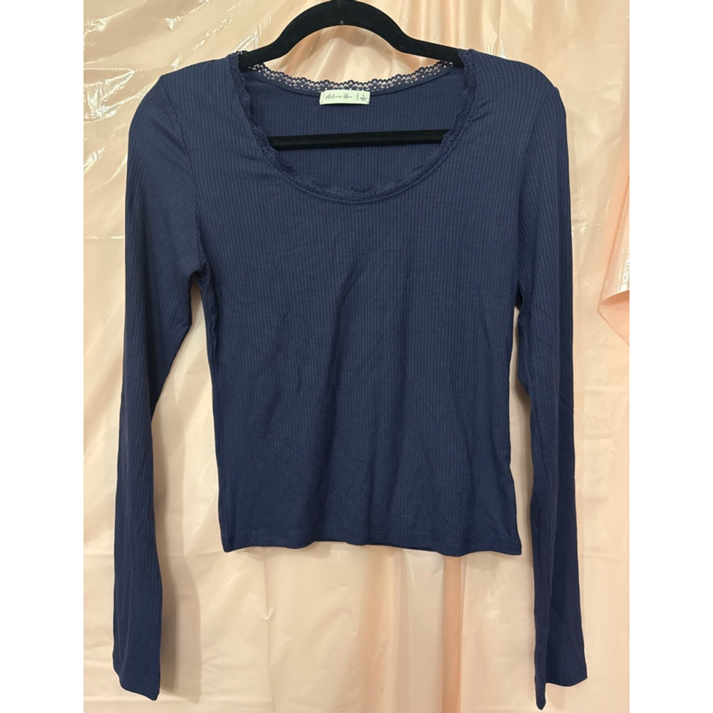 Active Usa Navy Ribbed Long Sleeve Tee L